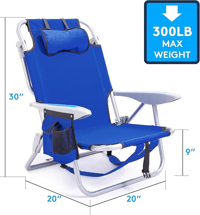 Portable Beach Chair for Adults Outdoor Camping Chair Lay Flat Folding Backpack Beach Reclining Chair with 5 Positions Headrest Zipper Pouch Cup Holder Blue