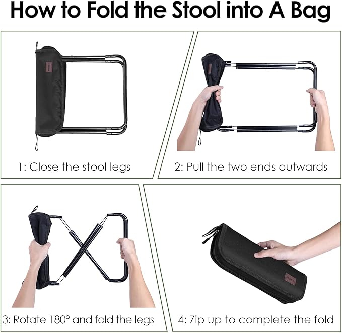 MOONCY Portable Stool 13 Inch Small Folding Stool for Adults Ultralight Black Camping Stools for Hiking and Fishing Hold Up to 265 LBS