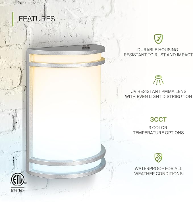 ASD 10 Inch LED Dusk to Dawn Outdoor Wall Light - 15W 120-277V Brushed Nickel Modern Wall Sconces with Photocell - 3000K 4000K 5000K Dimmable Patio &amp Porch Decor Outside Lights for House - ETL 2