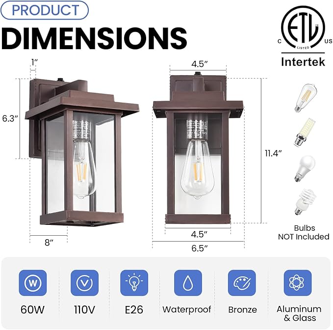 Exterior Light Fixtures 2 Pack Modern Outdoor Wall Lanterns Farmhouse Outdoor Porch Light for House Patio Front Door Entryway Bronze