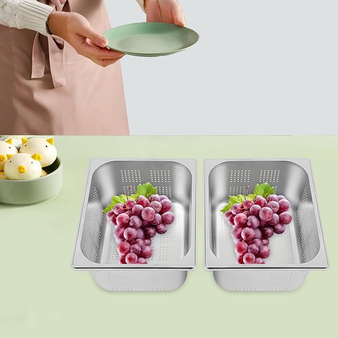 2-Pack Stainless Steel Hotel Pans 1/2 Size 6 Deep Anti-Jam Perforated Steam Table Pan Washing Up Bowl Set Food Grade Dishpan for Drain Water Wash Fruits/Vegetables