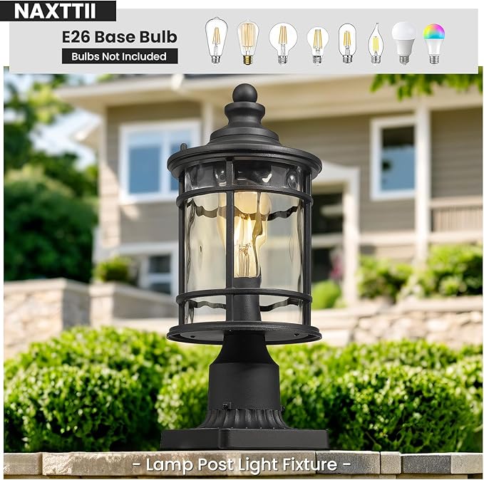 Outdoor Post Light Pole Lantern 14.9 Inch Height Lamp Post Light Fixture Aluminum Material Water Ripple Glass Black Outdoor Pillar Lights Hard Wired E26 Socket