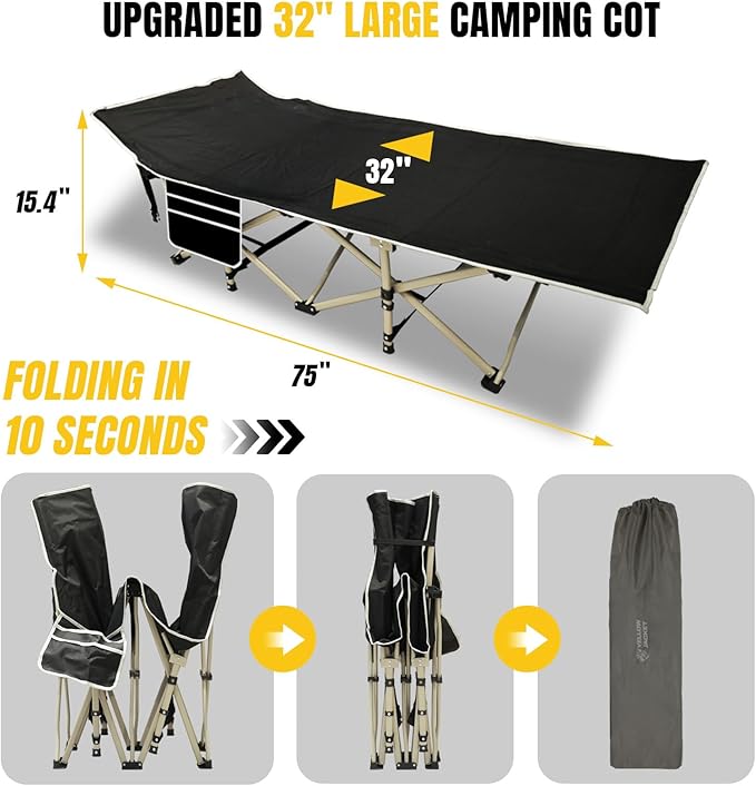 YELLOW JACKET Camping Cot with Mattress for Adults Upgraded 32 Wide Folding Sleeping Cot Portable Camping Cot with Carry Bag Cot for Camping 600lbs Max Load HomeOfficeTravel