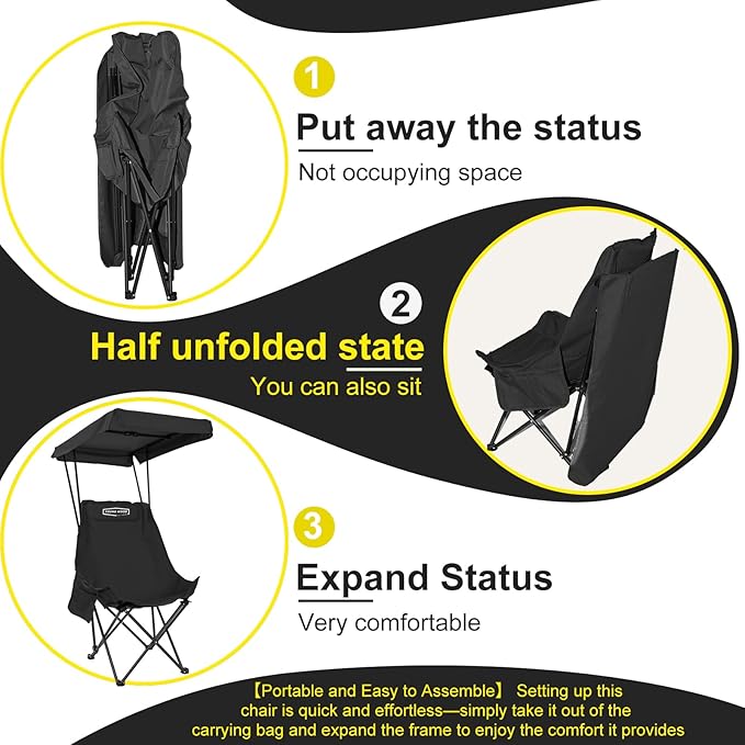 YOUNG WOOD Portable Camping Chair Beach Chair with Shade Canopy Fold Lightweight Oversized for All Easy to Open and Close Without Installation Side Pocket Design for All Outdoor Activities Black