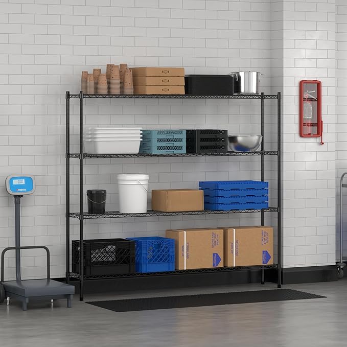 Commercial NSF Listed Black Epoxy Stationary Wire Shelving Kit 12 x 72 x 64 with 4 Shelves Perfect for Warehouse Walk-in Refrigerator Freezer Grocery Store Restaurant Dishroom