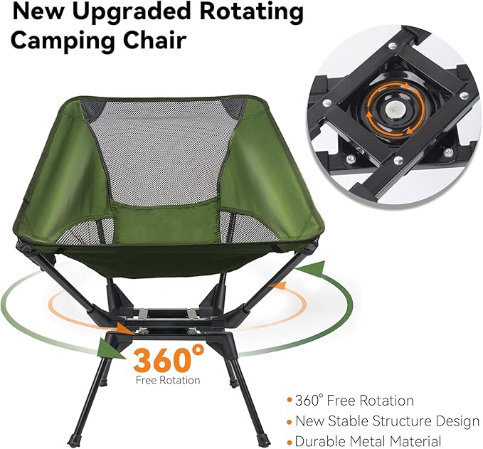 Upgraded 360° Swivel Camping Chair for Adults Portable Folding Chair with Cup Holder Lightweight Compact Backpack Outdoor Chair for Travel Fishing Hiking and Beach