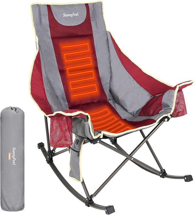 SUNNYFEEL Heated Rocking Camping Chair Fully Padded Patio Folding Chair Portable Oversized Outdoor Rocker High Back Lawn Recliner with Side Pocket Camp Rocker Chairs for Adults Heavy Duty 500 LBS Red