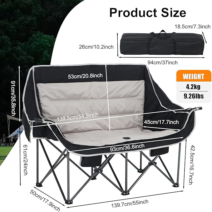 CDEN Heated Camping Chair with Battery Padded Chair Oversized Camping Loveseat Double Camping Chairs with Cup Holder Cooler Bag Wine Holder Dual Power Banks Included(Black &amp Gray)