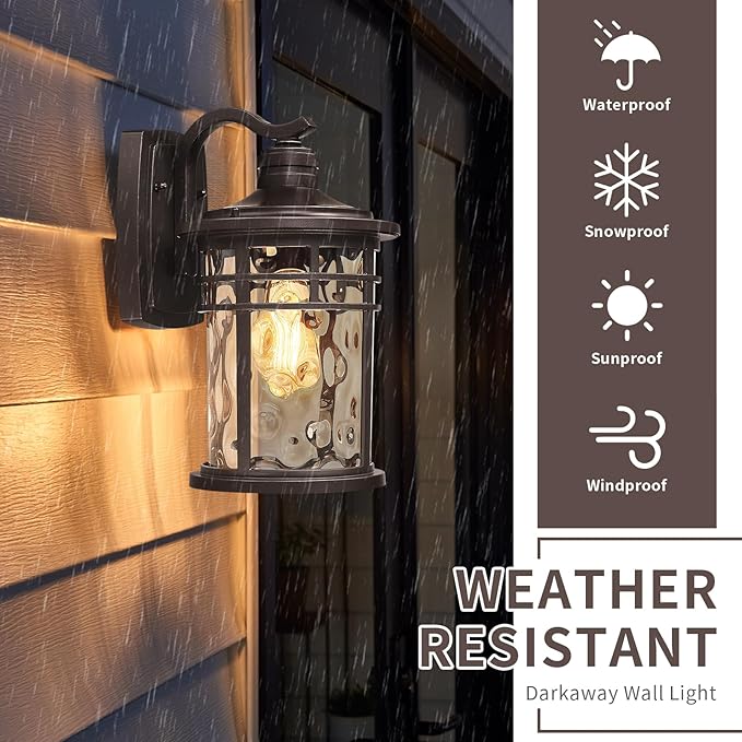 Darkaway Outdoor Wall Light Fixture14.57inch Large Outside Porch Lights Wall Mounted Amber Ripple Glass Modern Exterior Waterproof Wall Sconce Lighting for House Front Door Garage