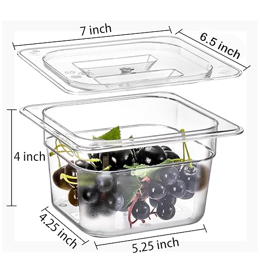 Bekith 6 Pack 1/6 Size Clear Polycarbonate Food Pans with Lids for Kitchen Restaurant Food Prep 4 Inches Deep