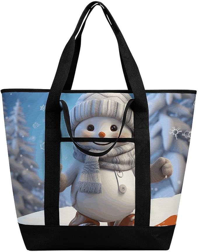 Insulated Shopping BagLarge Reusable Cooler Bags Cute Snowboard Snowman Printed Foldable Shopping BagTravel Waterproof Shoulder Bag