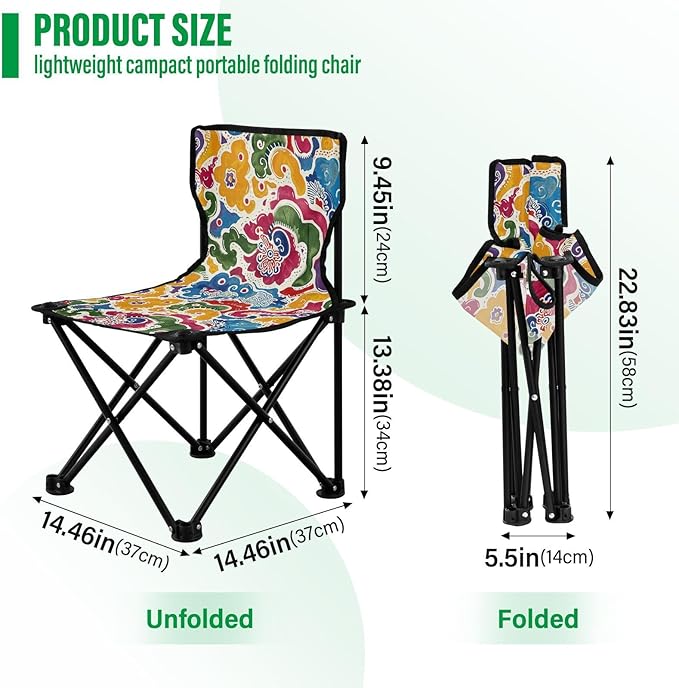 KLL Antique Chinese Pattern Folding Camp Chairs Ultra Lightweight Ultralight Camping Chair with Carrying Bag Travel Chair for Indoor Fishing
