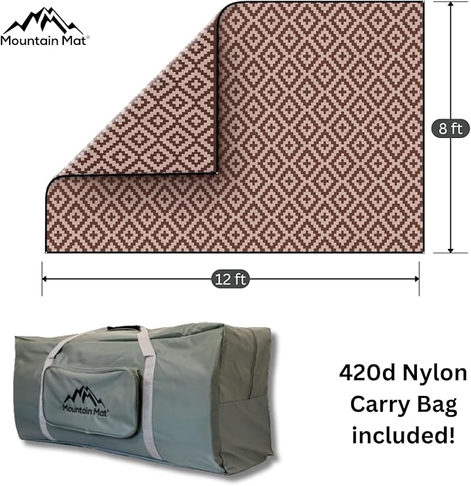 Mountain Mat 8x12 Brown &amp Tan Outdoor RV Mat with Carry Bag – Extra Thick 5mm Recycled Poly Rug – Waterproof Reversible Heavy-Duty – Premium Camping Mat for Patio Deck (8' x 12' Brown Diamond)