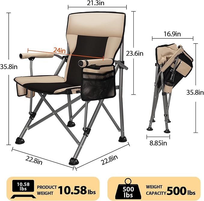 Heated Camping Chair with 20000 mAh Battery Loog-Lasting for 500 Mins Fully Padded Heated Camp Chairs Heavy Duty Folding Chairs Supports 500 lbs for Winter Camping Picnics Tailgating RV Travel