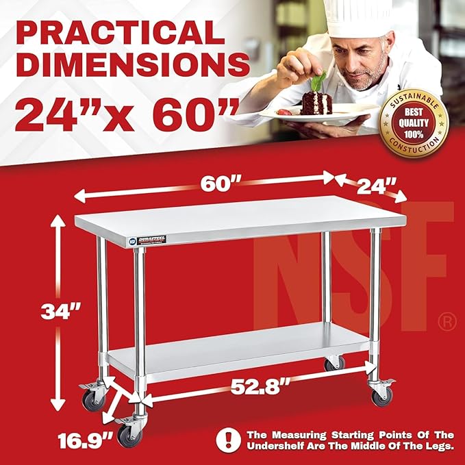 DuraSteel 24x60 NSF Stainless Steel Cart Work Table - Heavy Duty Rolling Food Prep Table Countertop Island - Metal Utility Cart on Wheels Caster Grill Stand Storage Outdoor Kitchen Tables Bar Top
