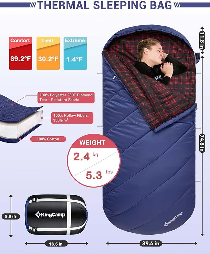 KingCamp Sleeping Bag for Adults Cold Weather &amp Warm Extra Wide Big &amp Tall XL Portable Waterproof Flannel Sleeping Bags Essentials Gear Accessories for Camping Backpacking Hiking Indoor &amp