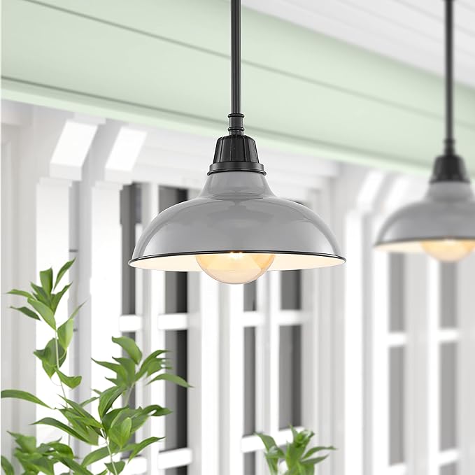 JONATHAN Y 12.25 Gray/Black 1-Light Farmhouse Indoor/Outdoor LED Pendant Iron Hanging Light and Black Metal Shade Rustic Ceiling Lamp for Kitchen Island LED Bulb Included (JYL7611D)