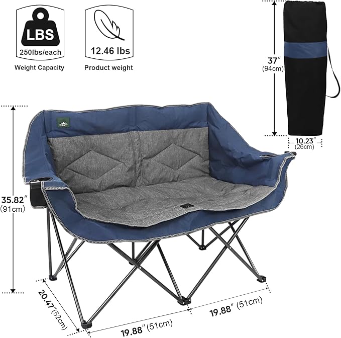 Northroad Folding Loveseat Camping Chair Portable Double Duo Full Padded Garden Chair for 2 Person Sofa w/ 2 Cup HolderWine Glass HolderMesh StorageSupport 500lbs for Picnic Beach Travel(Blue)