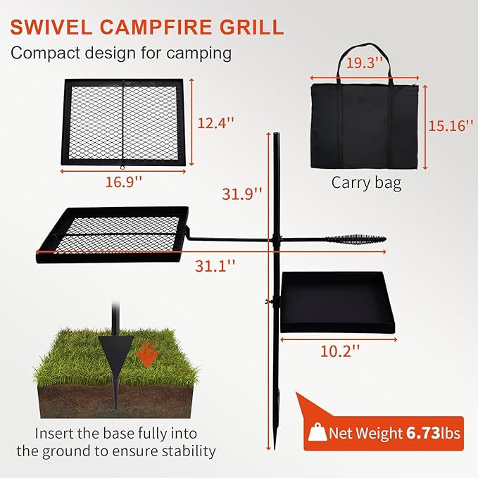 Outvita Swivel Campfire Grill Skillet Combo Portable Heavy Duty Camping Grill Grate with Height Adjustable Grill Grate and Grill Pan and Carry Bag Black