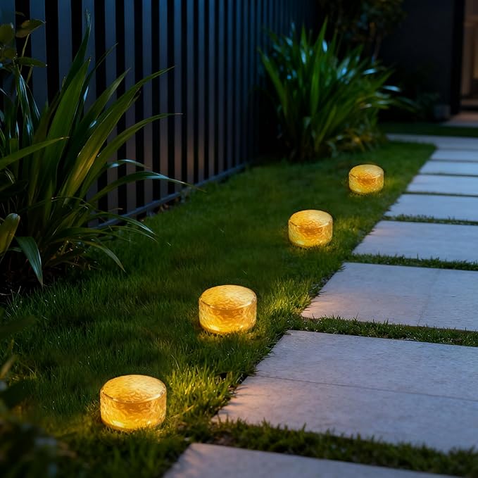 Wokyo Solar Brick Lights Outdoor Waterproof LED Rock Lights Patio Brick Lights 4 Packs for Patio Yard Walkway Pathway Decor 4x4 inch (Warm White Circle)