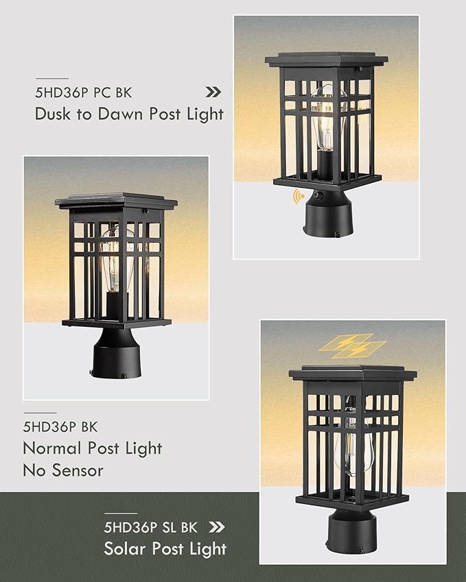 HWH INVESTMENT Outdoor Post Lantern Dusk to Dawn Patio Pole Lamp Post for Yard Garden Waterproof Exterior Lamp Post Lantern with Photocell Sensor Clear Glass 5HD36P PC BK