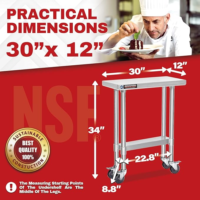 DuraSteel 30x12 NSF Stainless Steel Cart - Heavy Duty Rolling Food Prep Table with Undershelf - Metal Utility Cart for Commercial Restaurant Kitchen Laundry Side Mixer Stand