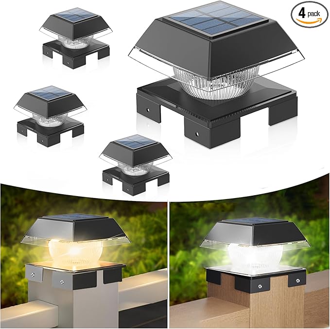 Sumaote Solar Post Cap Lights for 4x4 Wood &amp Vinyl Fence Adjustable Base - 2-Color Modes 3000K/6000K IP65 Waterproof 120 Lumens Dusk to Dawn Outdoor Deck Lighting 4 Pack Black
