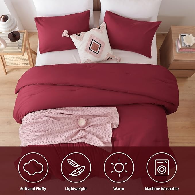 ROSGONIA Full Size Comforter Sets for Girls Boys Kids Dark Red 3pcs Comforter Full Size (1 Comforter &amp 2 Pillowcases) Lightweight Dorm Bedding Sets