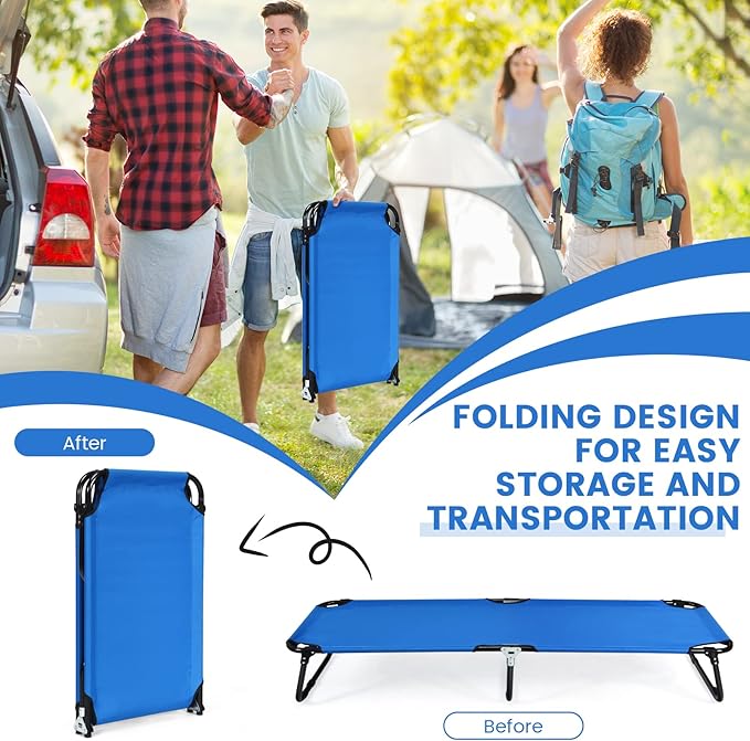 Goplus Folding Camping Cot Heavy Duty Collapsible Foldable Camping Bed for Adults Kids with Non-Slip Foot Pad Indoor Outdoor Portable Sleeping Cot for Hiking Camping Fishing (Blue)