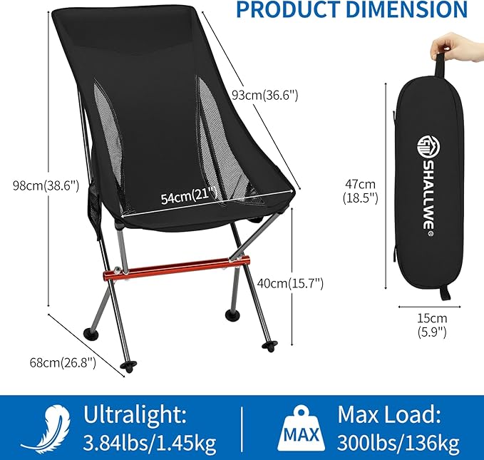 SHALLWE Camping Chairs All Aluminum Frame Portable Folding Camp Chair for Adults Heavy Duty High Back Collapsible with Built-in Pillow Side Pocket Carry Bag for Backpacking Hiking Beach