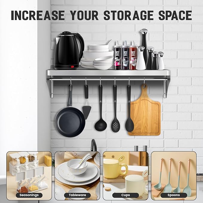 Commercial Stainless Steel Shelf 36 x 12 - 250lb Load Capacity Heavy Duty Stainless Steel Wall Mounted Kitchen Shelf with Backsplash &amp 6 Hooks for Restaurant Laundry