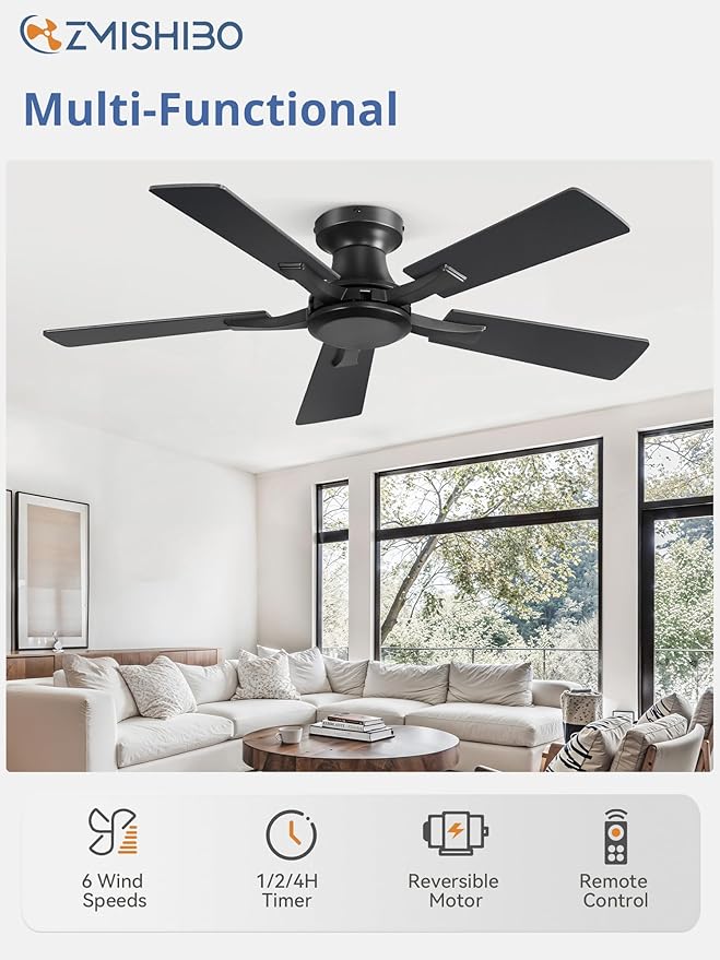 ZMISHIBO 42 Inch Ceiling Fan No Light Flush Mount Low Profile Modern Black Ceiling Fan Without Light Remote Control &amp Quiet DC Motor for Indoor&ampOutdoor Bedroom Living Room