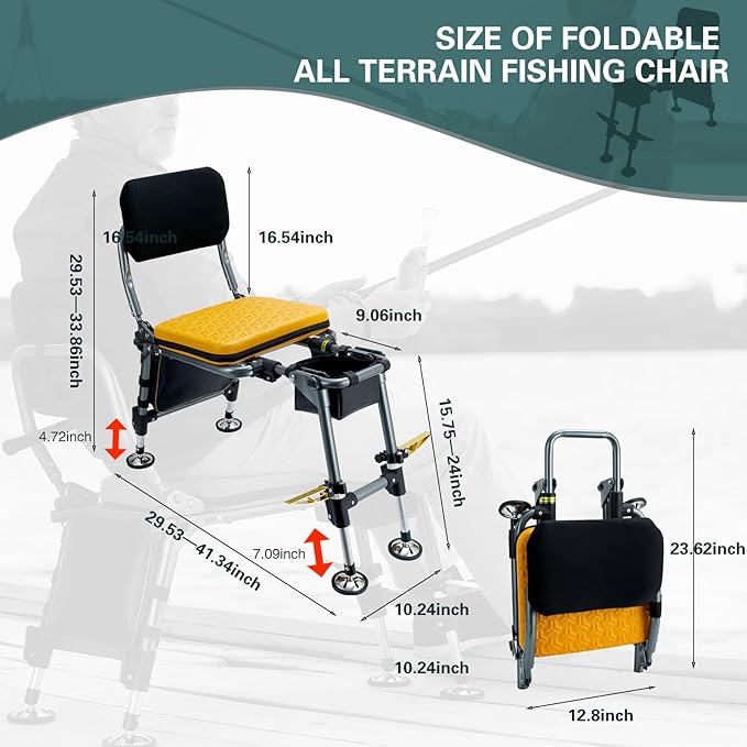 Upgraded All Terrain Foldable Fishing ChairU-Shaped Adaptive Design Adult Fishing Chair with FootrestOutdoor Camping Chair with Legs Adjustable (Yellow)