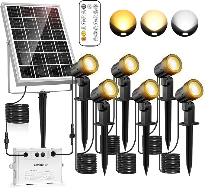 MEIKEE 6 in 1 Solar Spotlights Outdoor 6W/6V Solar Powered Landscape Lights IP66 Waterproof Auto On/Off Landscape Spotlights with 3 Colors 56ft Cord for Garden Path Yard Patio Light