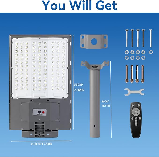 8500W Solar Street Lights Outdoor 550000LM 7000K Solar Parking Lot Lights Dusk to Dawn 35000mAh IP67 Waterproof Pole Security Flood Lamps with Motion Sensor and Remote for Yard Garage Driveway