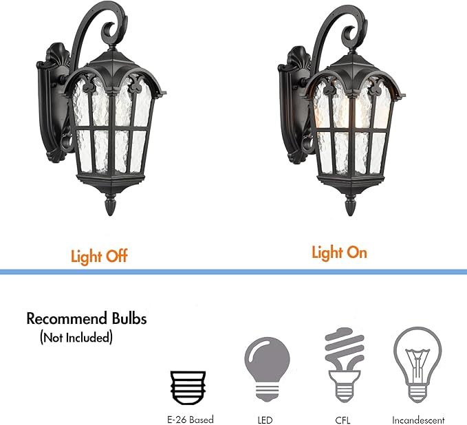 YUBOLE Waterproof Wall Sconce Outdoor Wall Lights with Hammered Glass for House Porch Garden Patio Gararge Hallway Matte Black