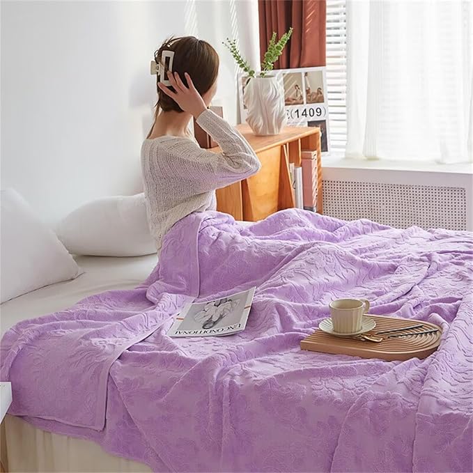 Carved Jacquard Blanket 80x90''100% Cotton Bed Blanket Lightweight Soft Cozy Fall Blanket for Bedroom Throw Blanket for Home Decor Christmas Thanksgiving Gift for Women Moms Girls Purple