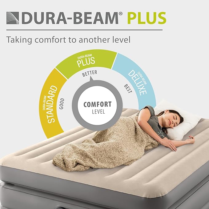 Intex Dura Beam Plus Prime Comfort Fiber-Tech Elevated Technology Home Air Mattress Bed with Electric Built-In Pump Queen