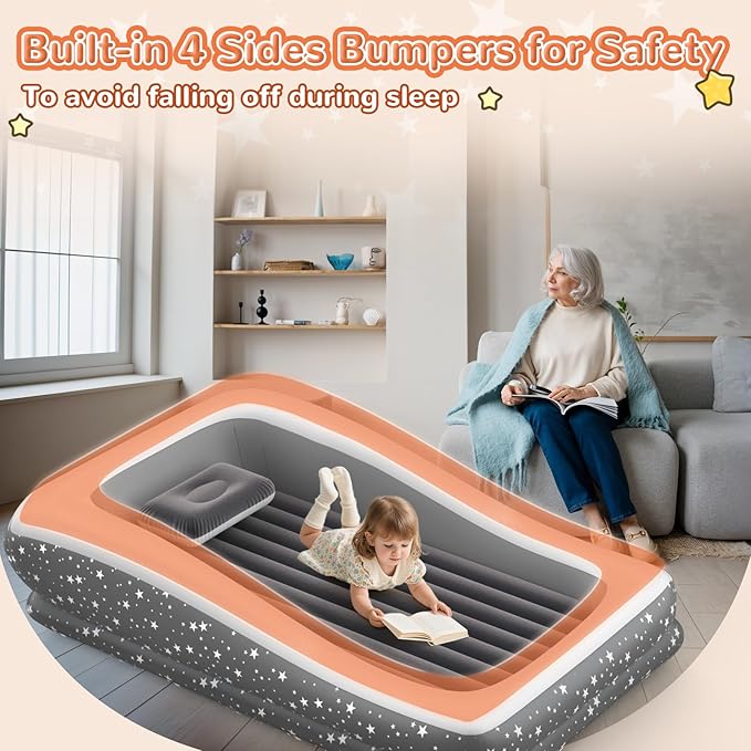 Inflatable Toddler Travel Bed - Grey Soft Toddler air Mattress with Bumpers for Easy to Inflate &amp Deflate - Portable Blow up Toddler Bed Travel with Sides for Trip Sleeping