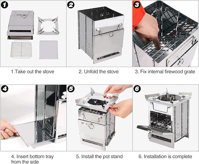 REDCAMP Wood Burning Folding Camp Stove Stainless Steel Grill and Pot Stand Portable Collapsible Backpacking Stove Survival Rocket Stove for Hiking Outdoor Tent Camping Picnic Largel with Pot Stand