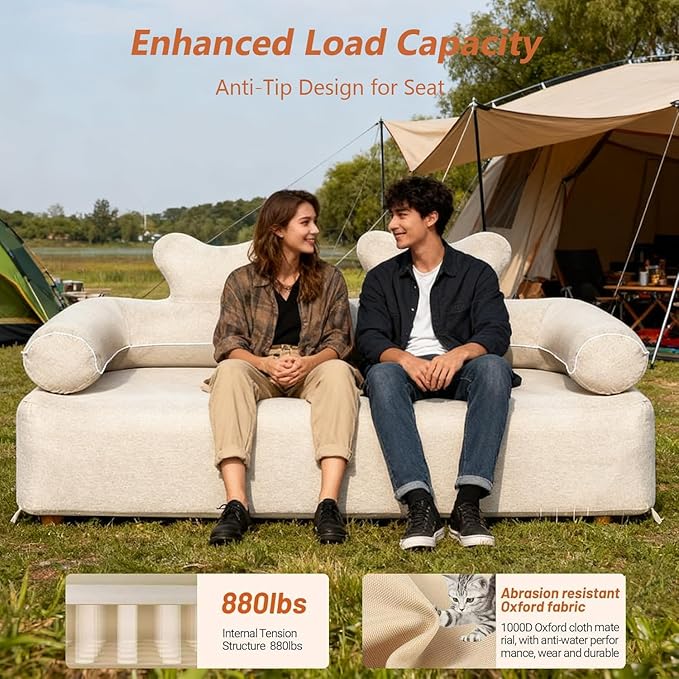 Portable Double Air Couch - Heavy Duty Outdoor Air Beach Couch Inflatable Lounger for Camping Picnics and Beach Games Camping Essentials for Aduilts 880 lbs (Double Inflatable Couch Khaki) | Outdoor