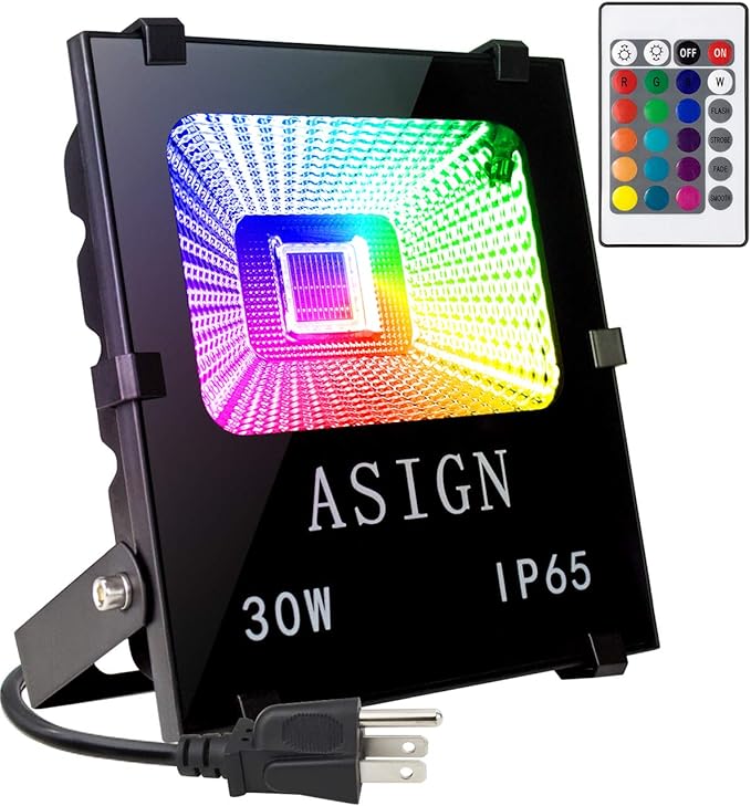 ASIGN 30W RGB LED Flood Lights Indoor Outdoor Decoration Light Waterproof Color Changing LED Security Light with Remote Control Dimmable Wall Washer Lights with US 3-Plug