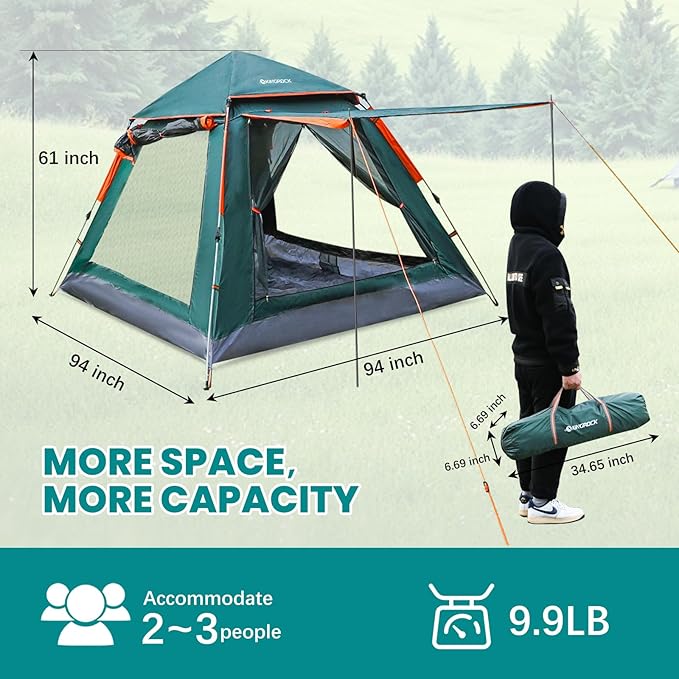 KINGROCK Blockout Camping Tent Instant Easy pop up Camping TentAutomatic Waterproof Family Tents for Camping 4 Person Easy Set Up TentsPortable Windproof Dome Tent for Camping