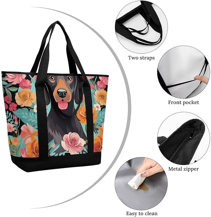 Insulated Shopping BagLarge Reusable Cooler Bags Dog Floral Printed Foldable Shopping BagTravel Waterproof Shoulder Bag