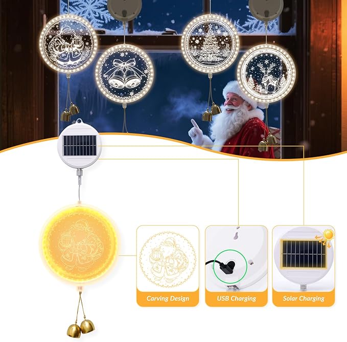 Solar Hanging Lights - Outdoor Indoor Christmas Decorations for Window Garden Patio PorchHoliday Home Decor (Jolly Santa)