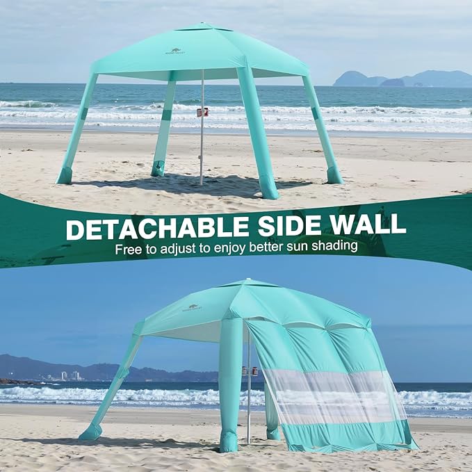 Rhino Valley Beach Cabana 8 * 8FT Beach Shade Canopy Tent UPF50+ Protection Easy Setup Wind Resistant with Cup Holder Portable Foldable Beach Tent Sun Shelter for Whole Family Turquoise Green