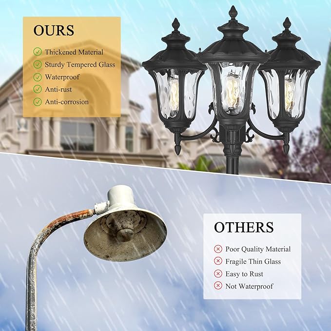 Outdoor Lamp Post Light Black Outside High Pole Light 3-Head Waterproof Modern Exterior Street Lamp Road Lighting Fixture for Garden Backyard Patio Lawn Pathway Driveway