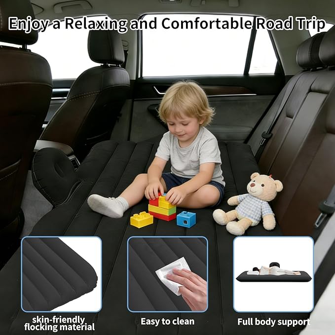 Car Air Mattress Inflatable SUV Truck Camping Mattress for Back Seat Thickened Travel Car Bed Sleeping Pad with Inflatable Pier Air Pump 2 Pillows (Black)