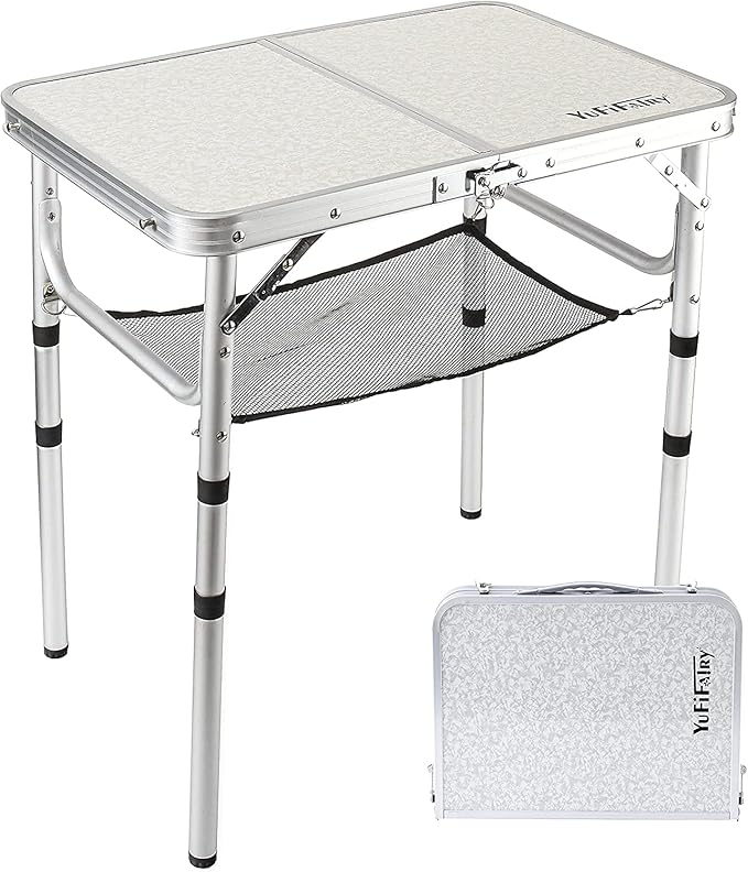 Small Folding Table 2 Foot Portable Camping Table with Mesh HoldersLightweight Aluminum Adjustable Height with Carry Handle for Camping Picnic Indoor Outdoor White 24 x 16 inch (3 Heights）