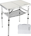 Small Folding Table 2 Foot Portable Camping Table with Mesh HoldersLightweight Aluminum Adjustable Height with Carry Handle for Camping Picnic Indoor Outdoor White 24 x 16 inch (3 Heights）